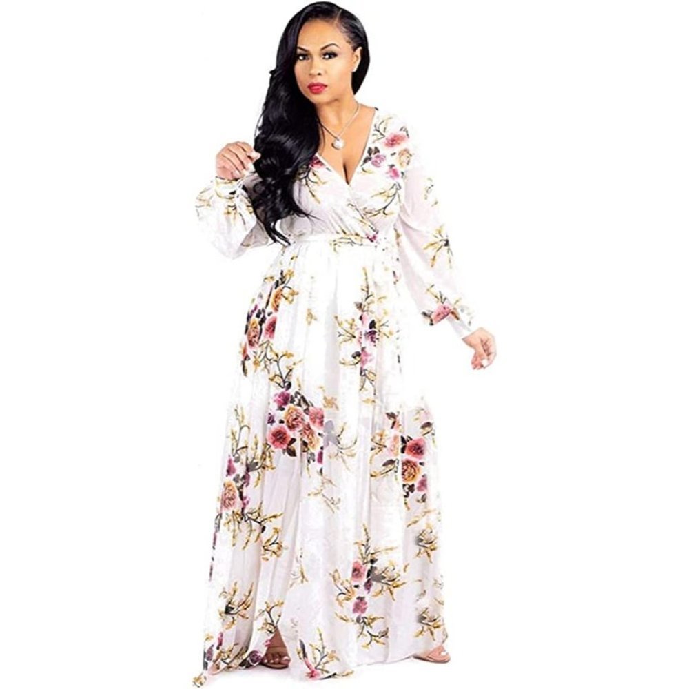 Women's White Floral Chiffon Deep V-Neck Long Sleeves Maxi Dress